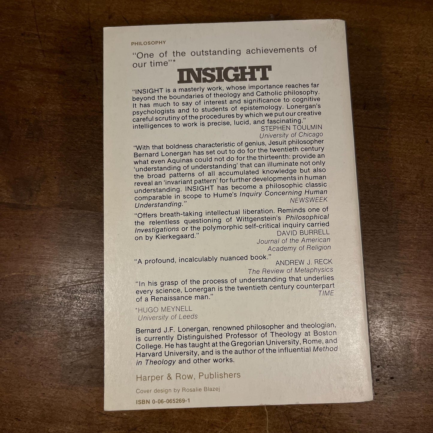 Insight: A Study of Human Understanding / Bernard J. F. Linergan (1978) Vintage Paperback Book