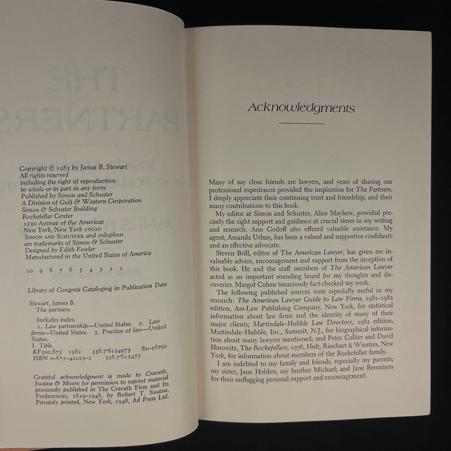 First Printing - The Partners: Inside America’s Most Powerful Law Firms by James B. Stewart (1983) Vintage Hardcover Book