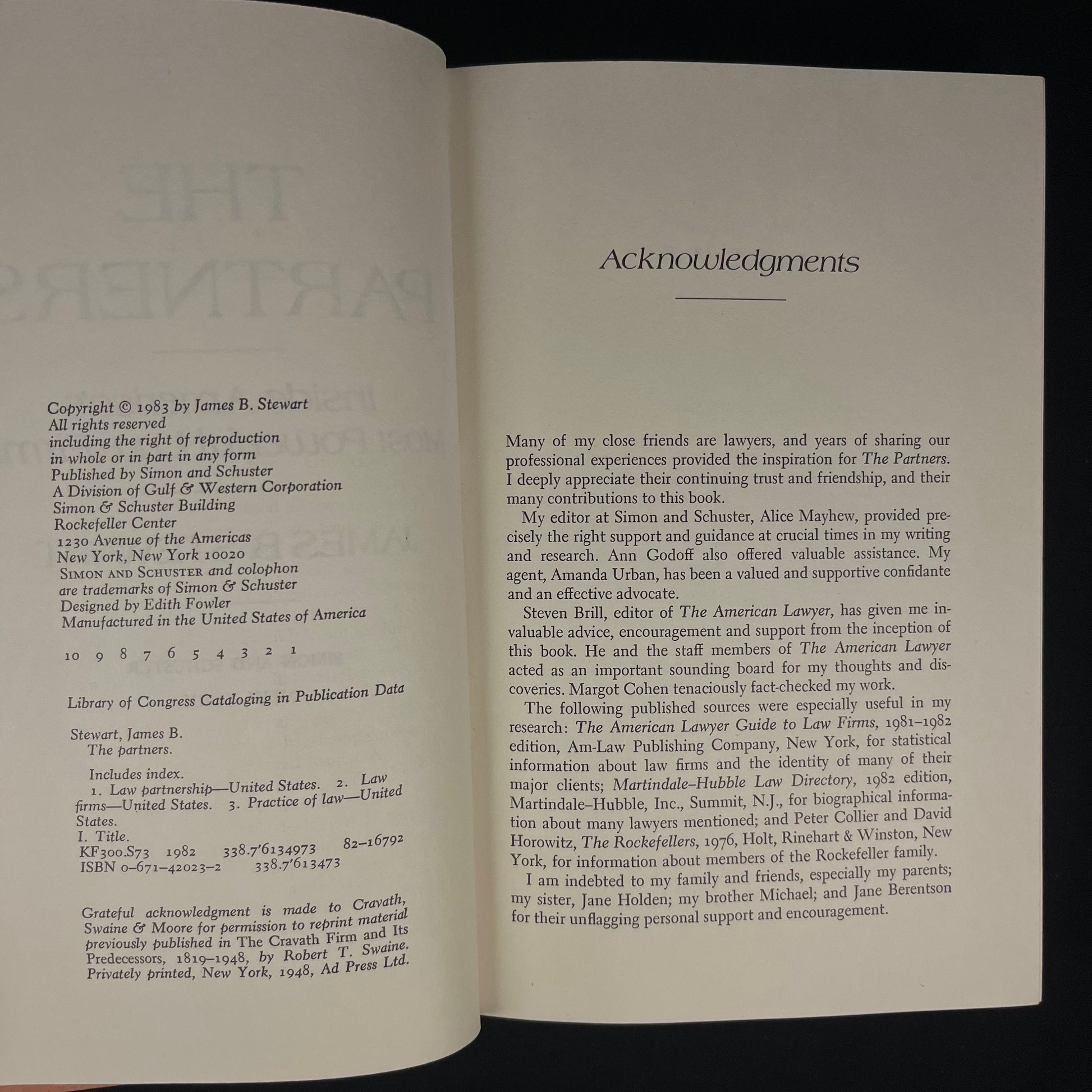 First Printing - The Partners: Inside America’s Most Powerful Law Firms by James B. Stewart (1983) Vintage Hardcover Book