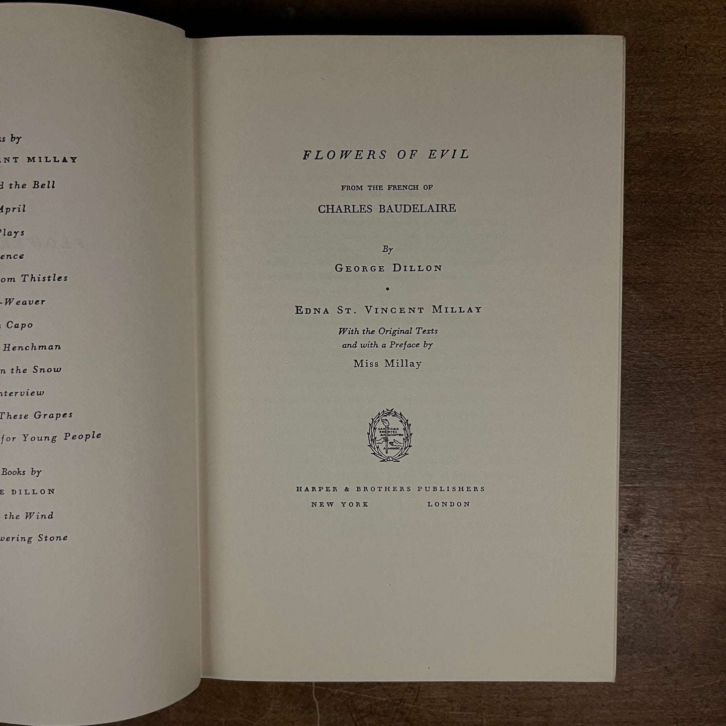 Flowers of Evil from the French of Charles Baudelaire by George Dillon and Edna St. Vincent Millay (1958) Vintage Hardcover Book