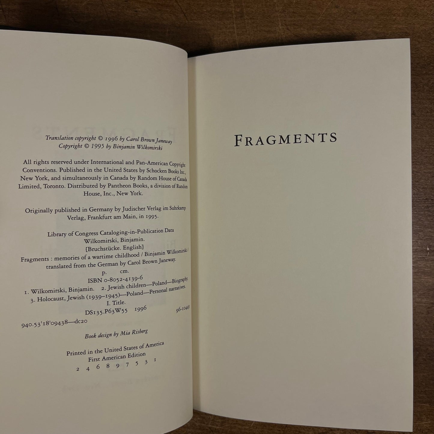 First Printing - Fragments: Memories of a Wartime Childhood by Binjamin Wilkomirski (1995) Vintage Hardcover Book