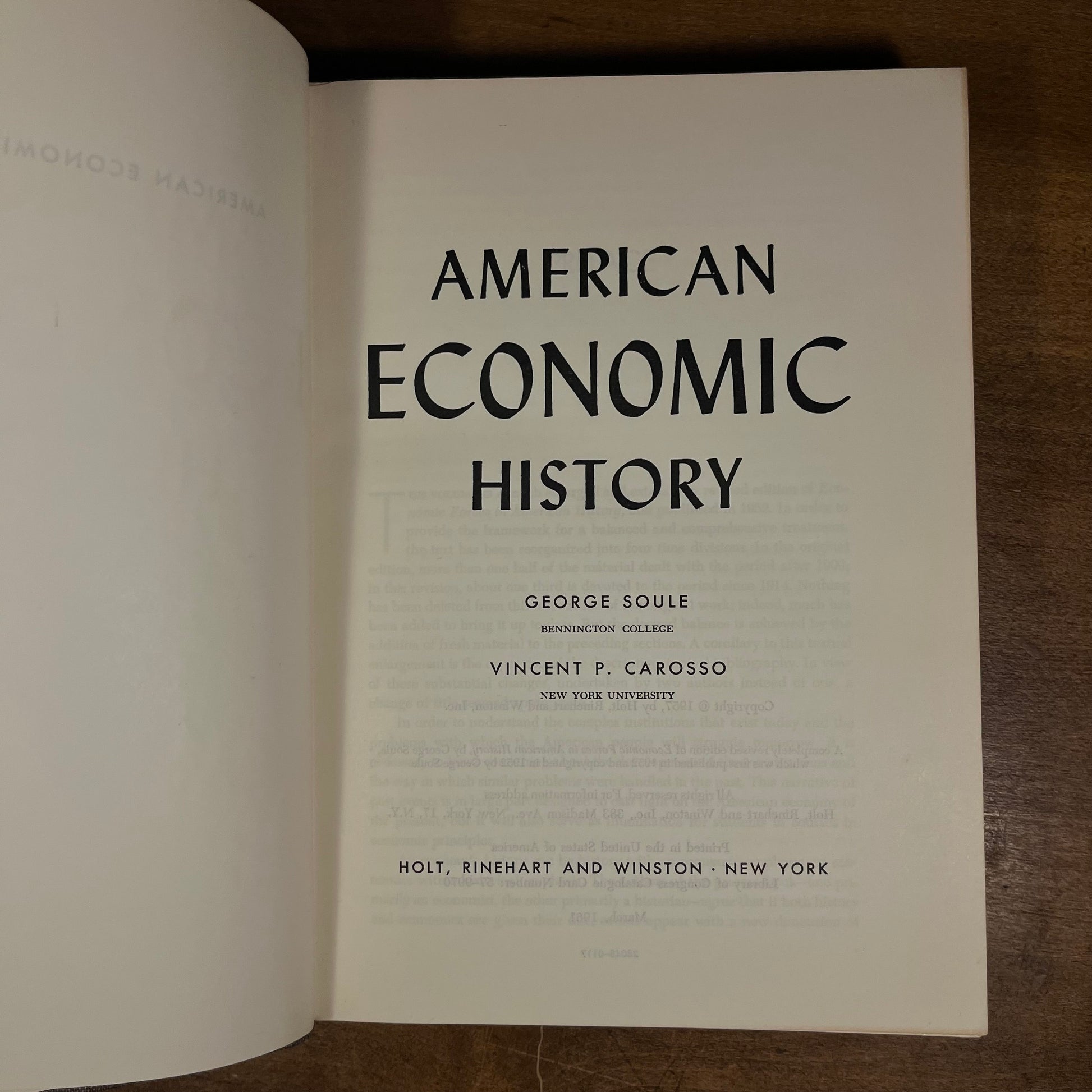 American Economic History by George Soulle and Vincent P. Carosso (1961) Vintage Hardcover Book