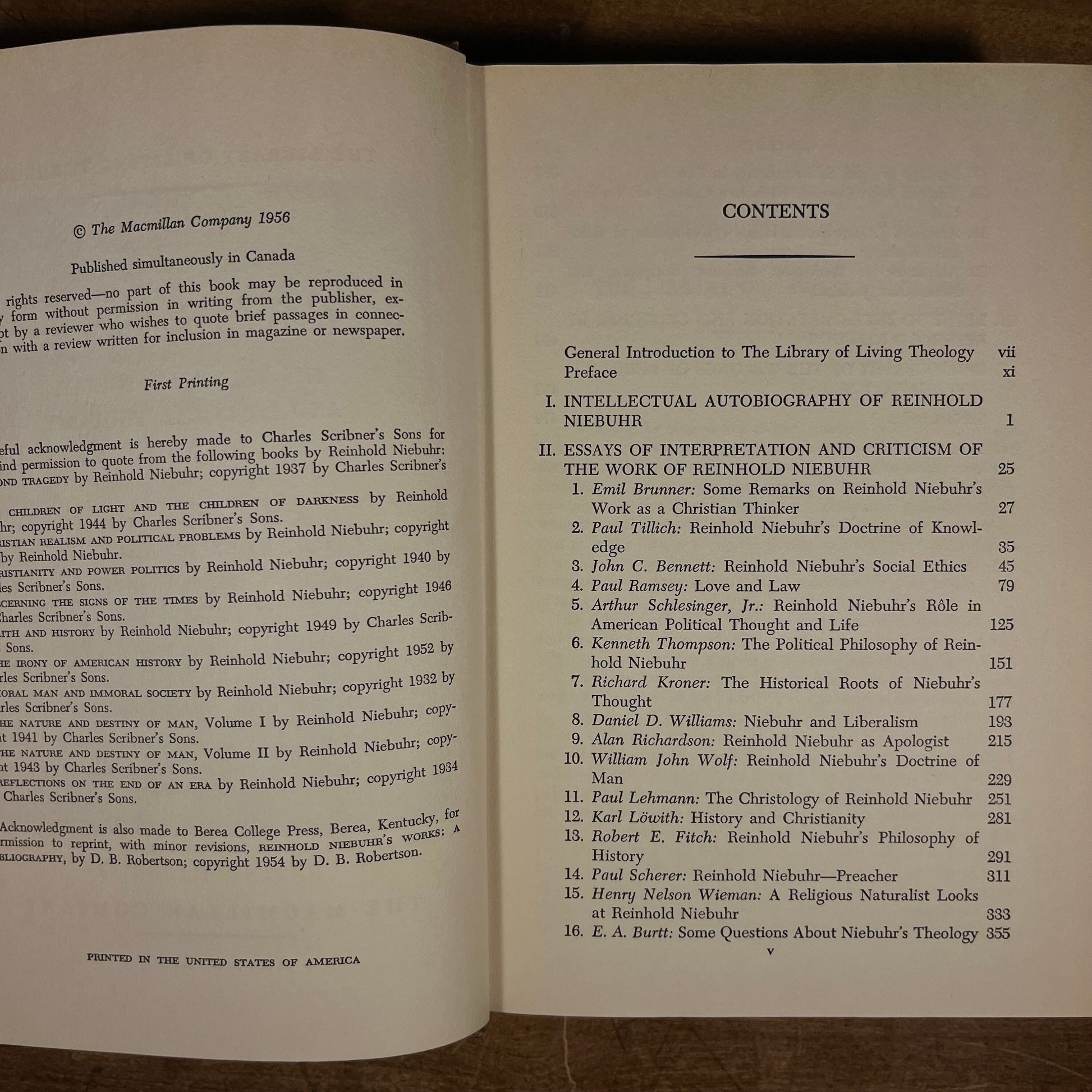 First Printing - Reinhold Niebuhr: His Religious, Social, and Political Thought by C. Kegley and R. Bretall (1956) Vintage Hardcover Book