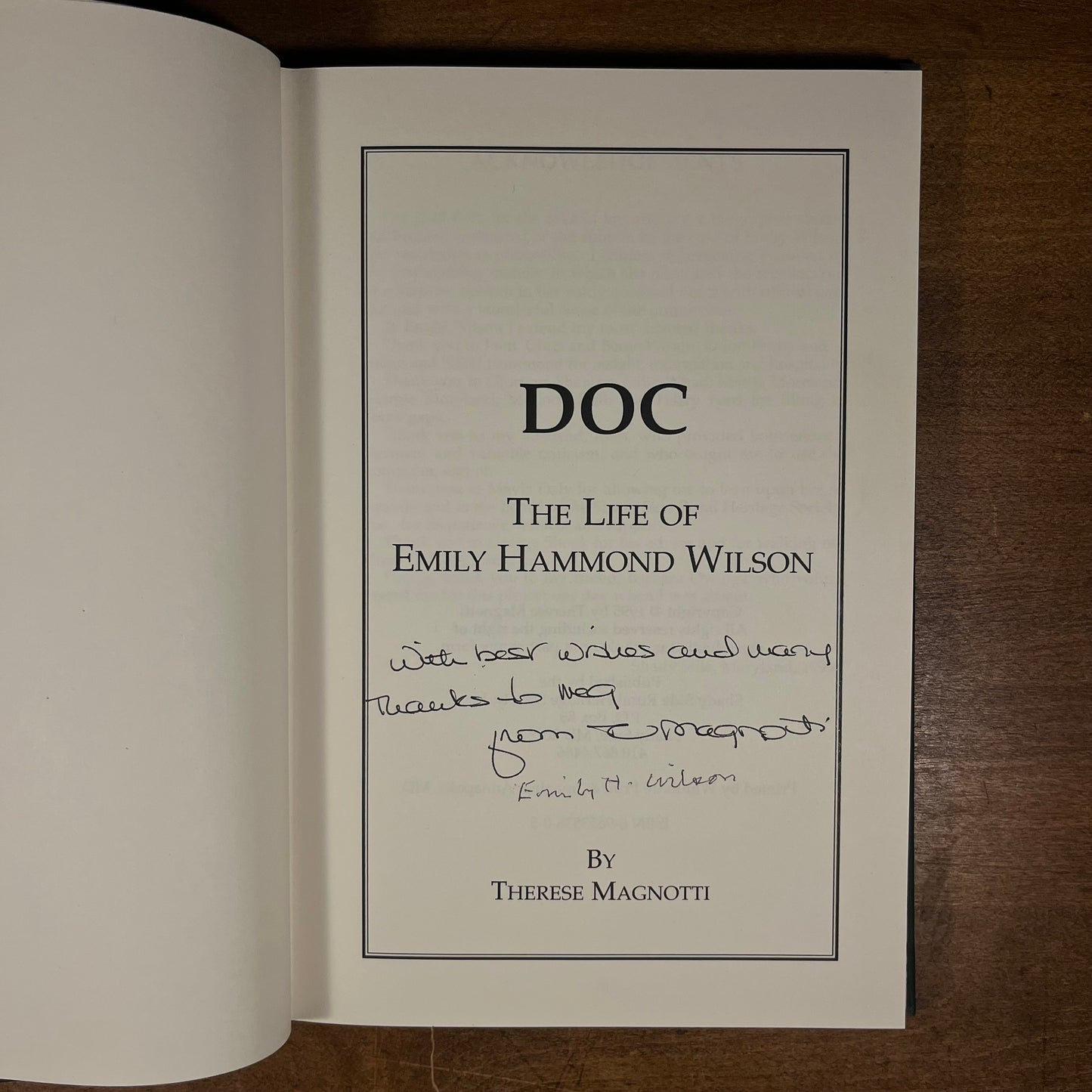 Signed - Doc: The Life of Emily Hammond Wilson by Therese Magnotti (1995) Vintage Hardcover Book