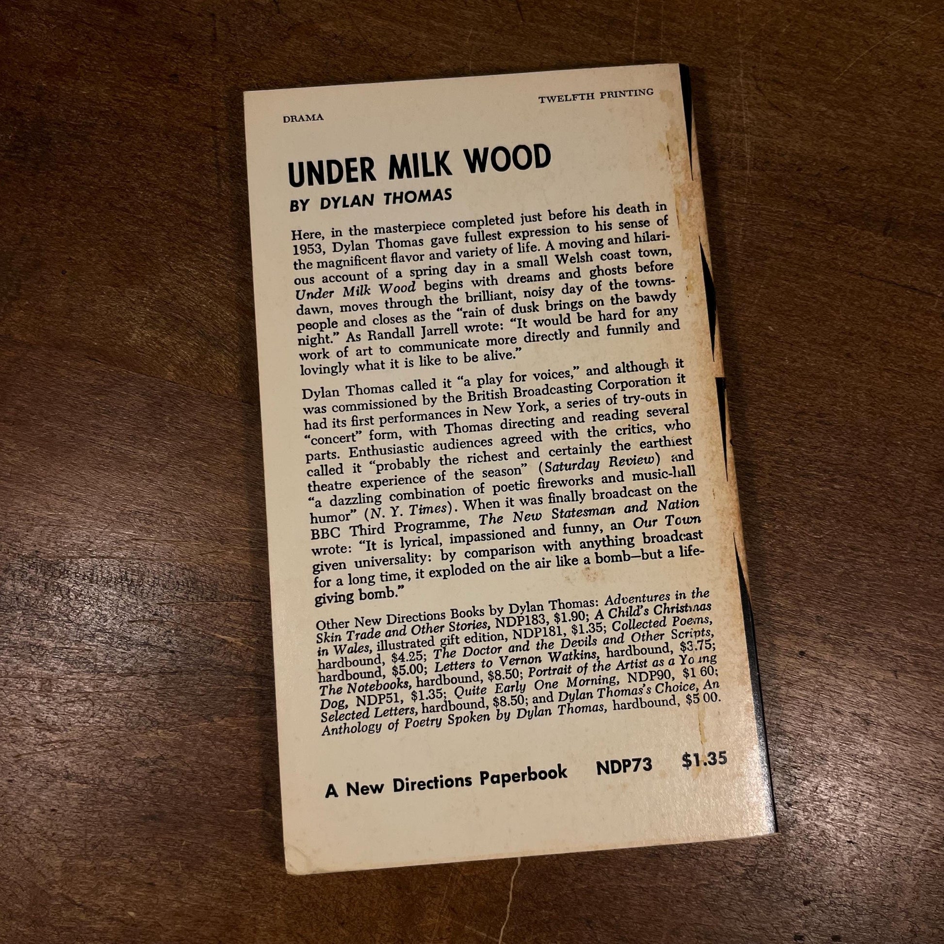 Under Milk Wood by Dylan Thomas (1954) Vintage Paperback Book