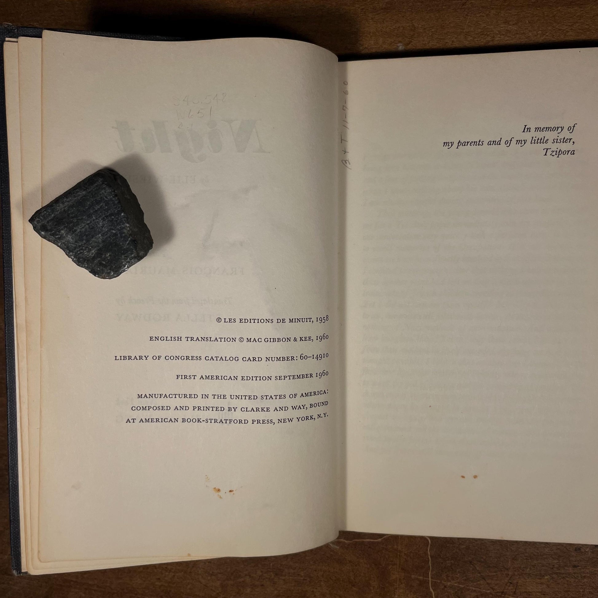 First Printing - Night by Elie Wiesel (First American Edition, 1960) Vintage Hardcover Book