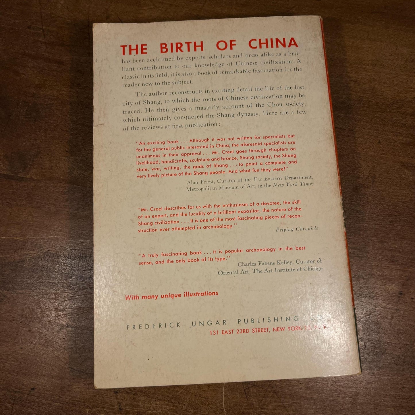 The Birth of China: A Survey of the Formative Period of Chinese Civilization by Herrlee Glessner Creel (1961) Vintage Paperback Book