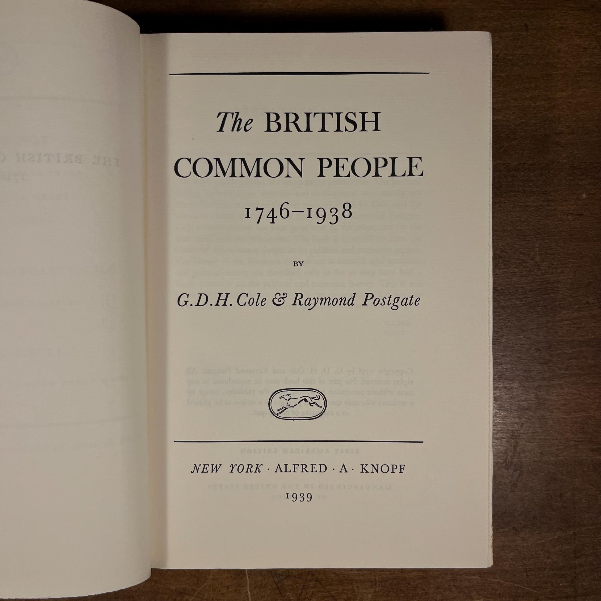 First Printing - The British Common People, 1746-1938 by G. D. H. Cole and Raymond Postgate (1939) Vintage Hardcover Book