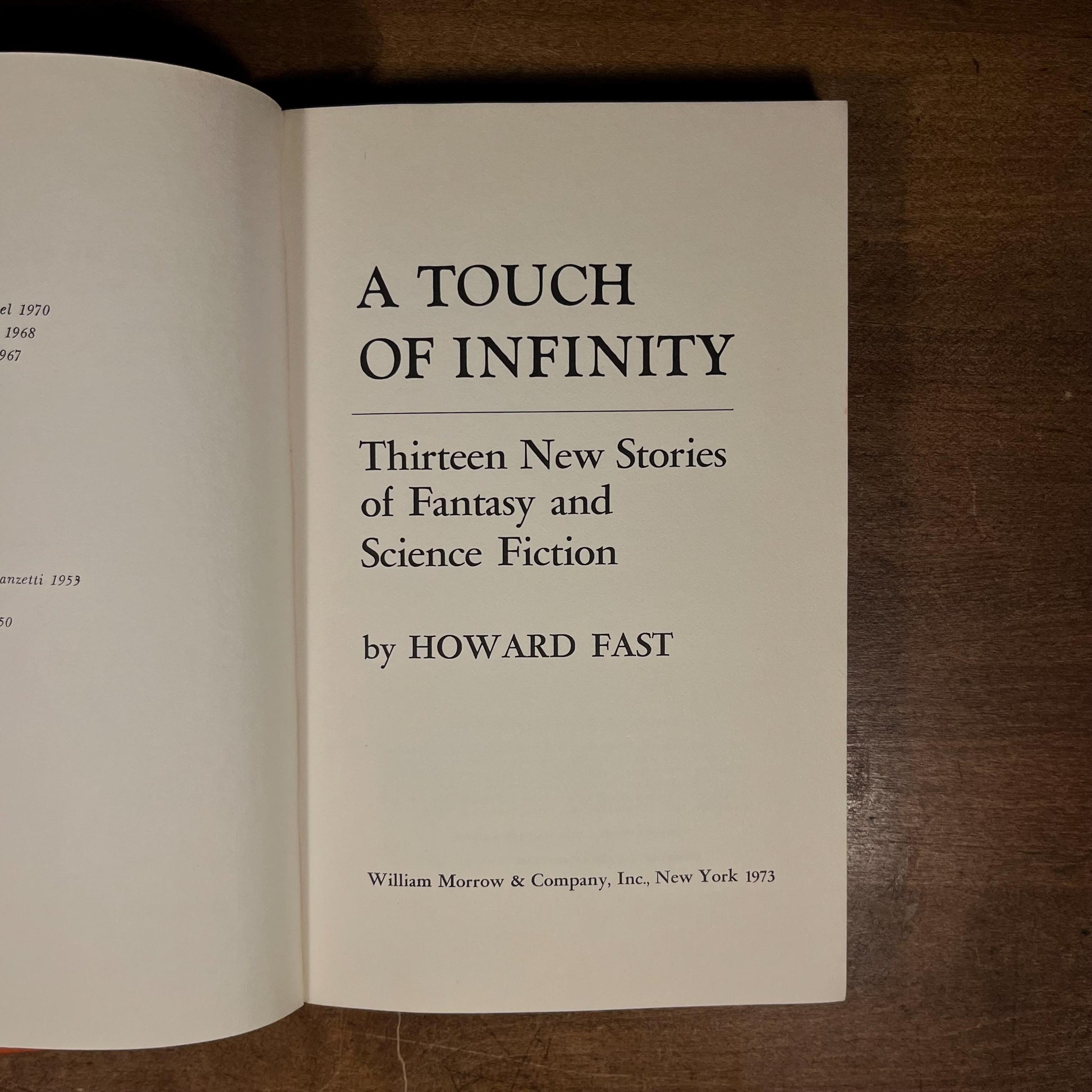 First Printing - Touch of Infinity: Thirteen New Stories of Fantasy and Science Fiction by Howard Fast (1973) Vintage Hardcover Book