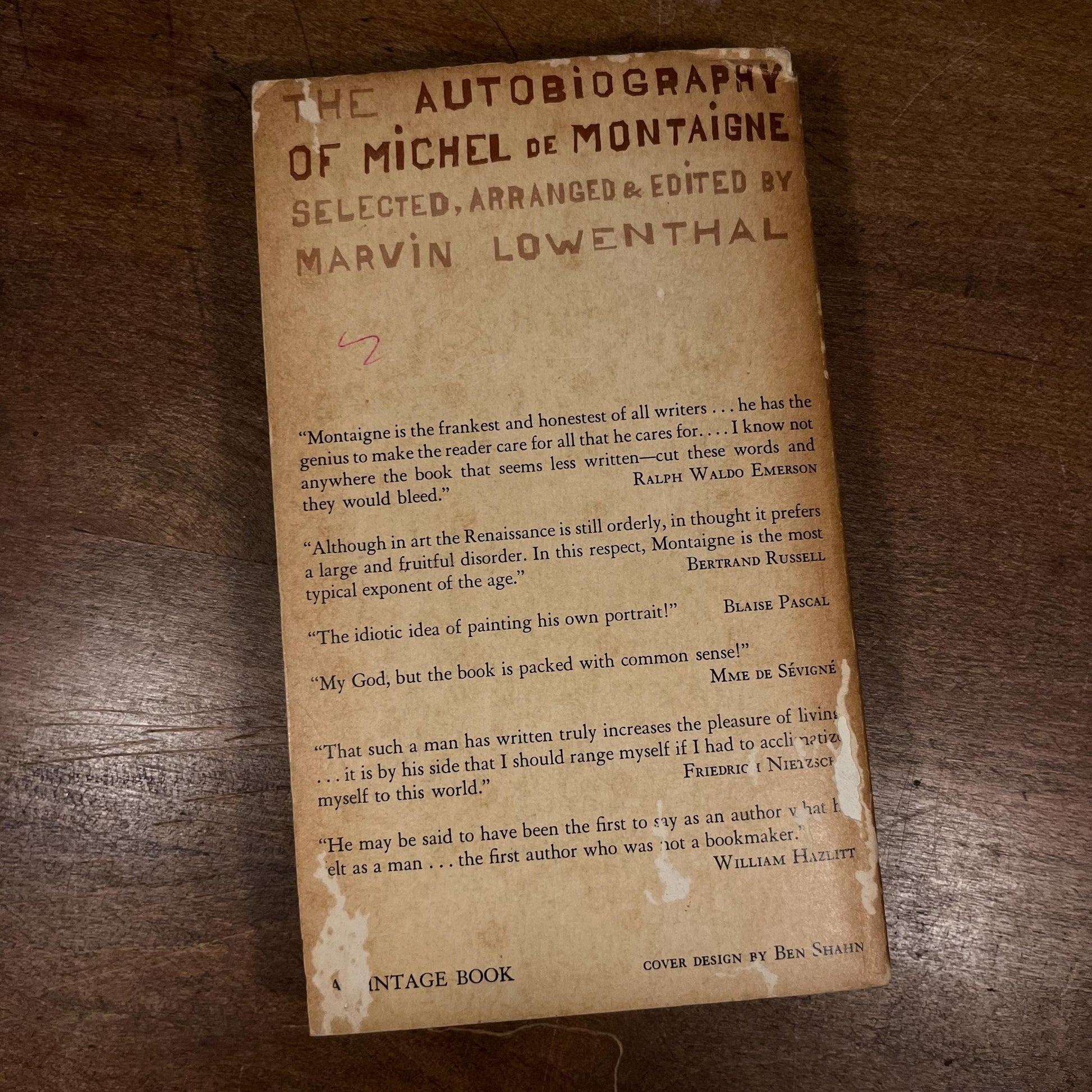 First Vintage Edition - The Autobiography of Michel de Montaigne: Selected, Arranged & Edited by M. Lowenthal (1956) Vintage Paperback Book