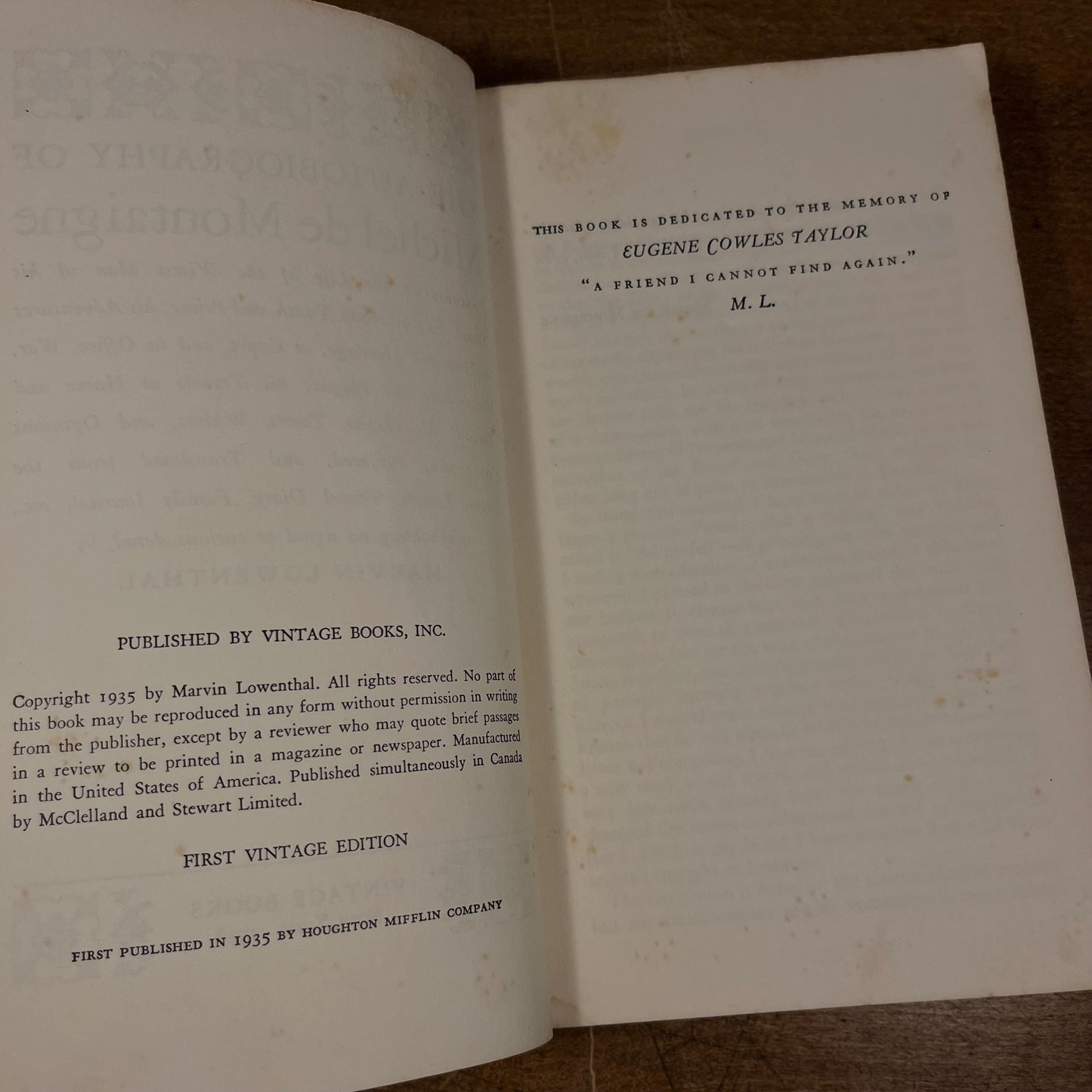 First Vintage Edition - The Autobiography of Michel de Montaigne: Selected, Arranged & Edited by M. Lowenthal (1956) Vintage Paperback Book