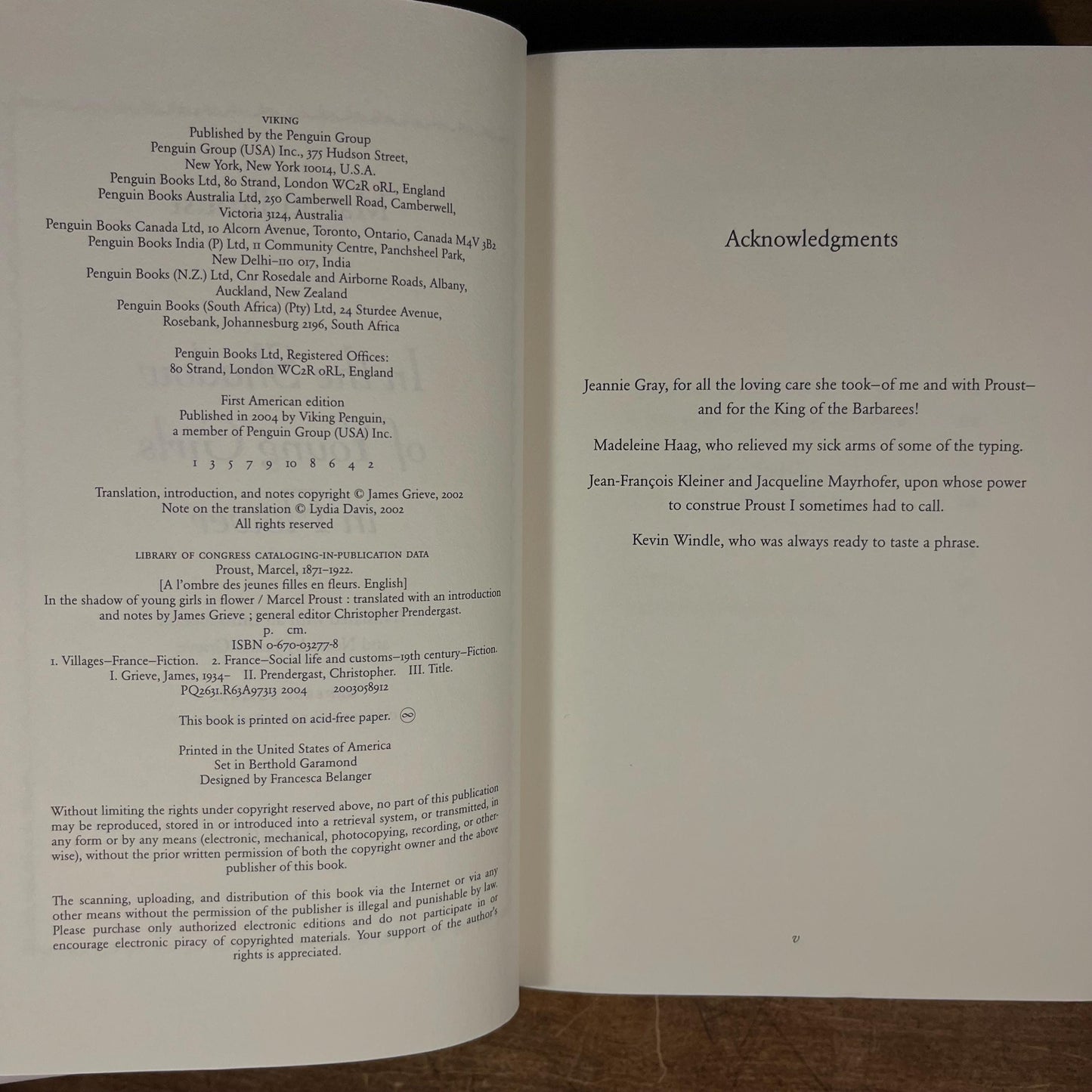 First American Printing - In the Shadow of Young Girls in Flower / Marcel Proust ; Translated by James Grieve (2004) Vintage Hardcover Book
