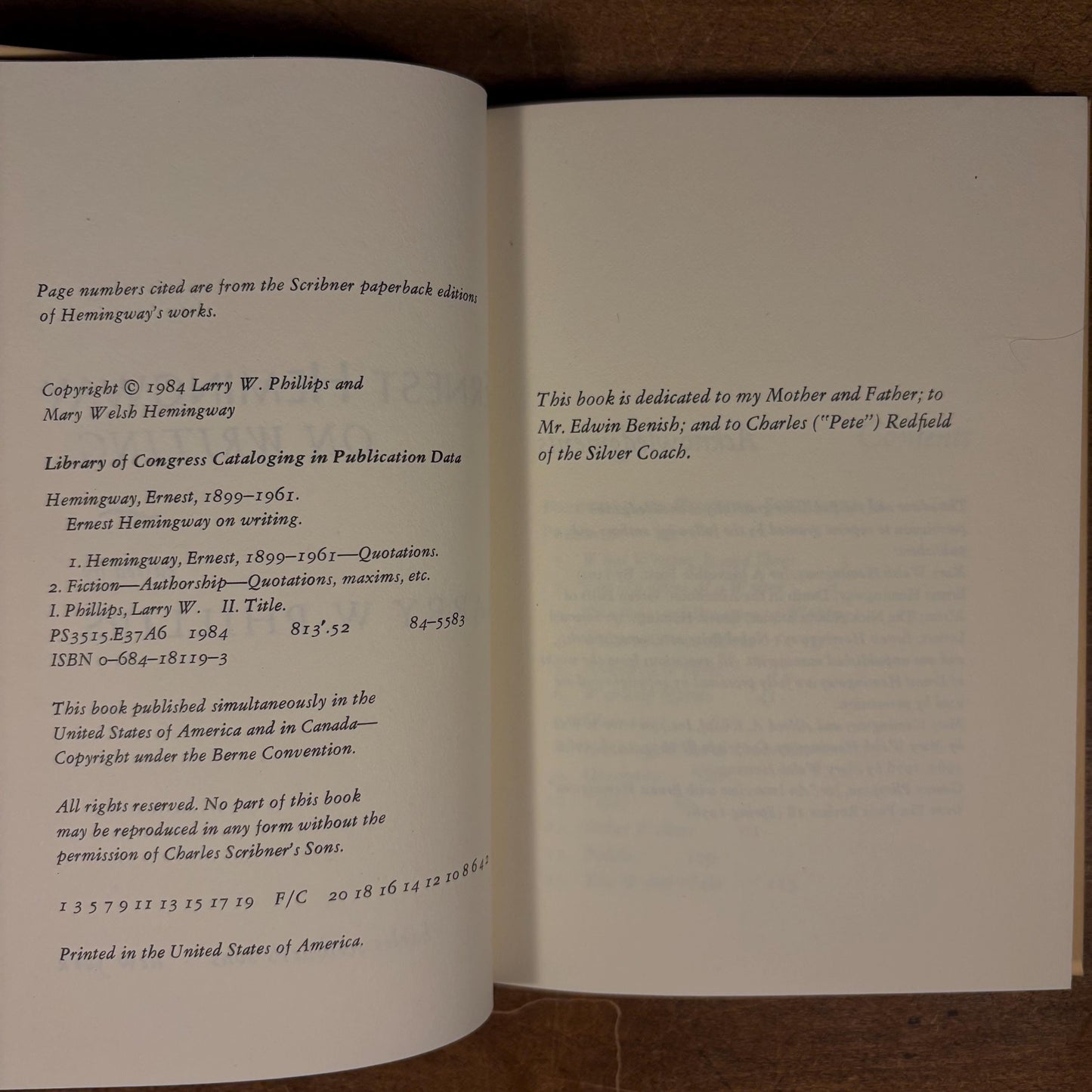 First Printing - Ernest Hemingway on Writing / Larry W. Phillips (1984) Vintage Hardcover Book