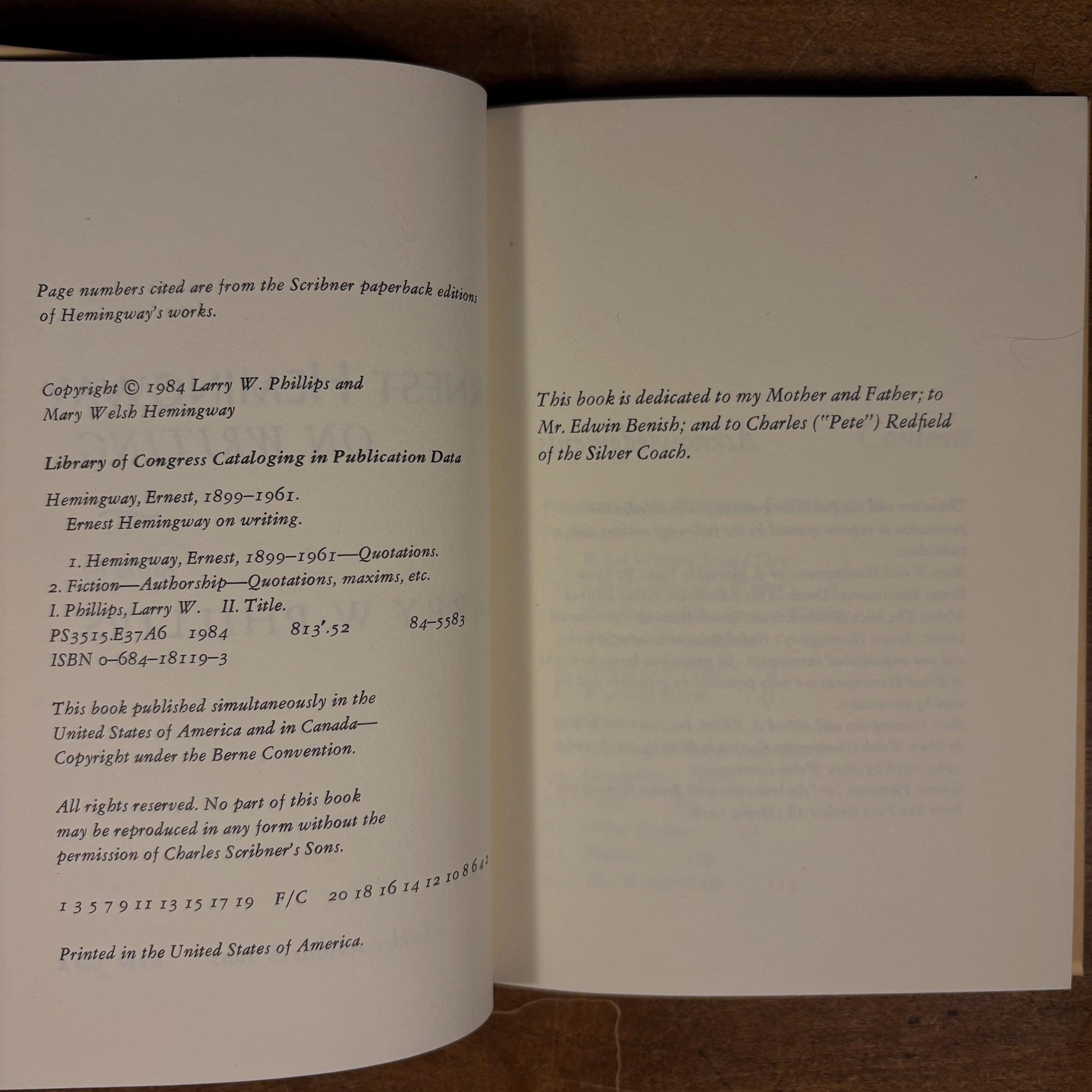 First Printing - Ernest Hemingway on Writing / Larry W. Phillips (1984) Vintage Hardcover Book