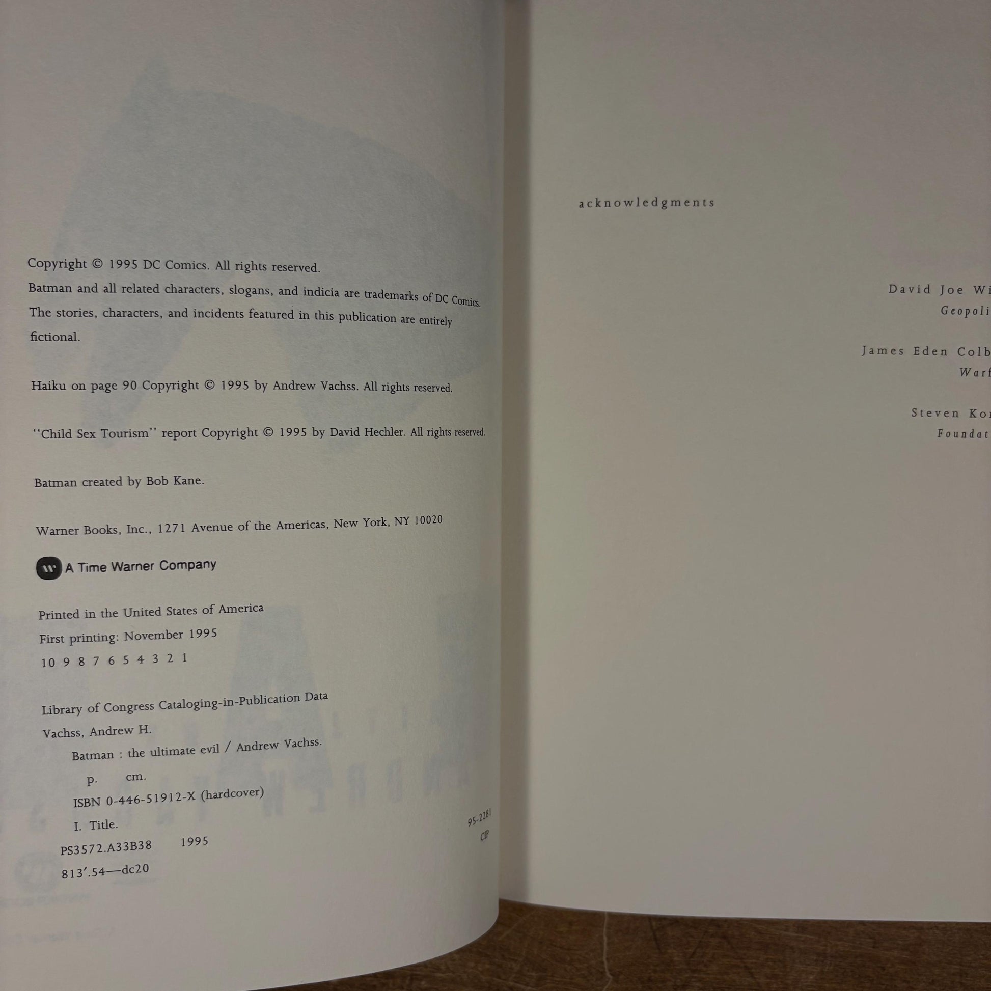 First Printing - Batman: The Ultimate Evil / Andrew Vachss (1995) Vintage Hardcover Book