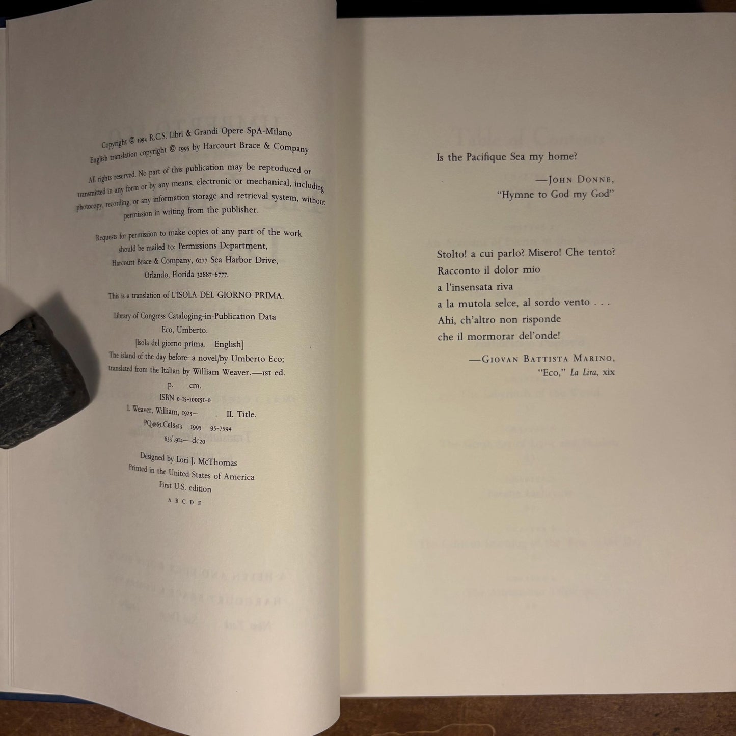 First US Printing - The Island of the Day Belore / Umberto Eco (1995) Vintage Hardcover Book