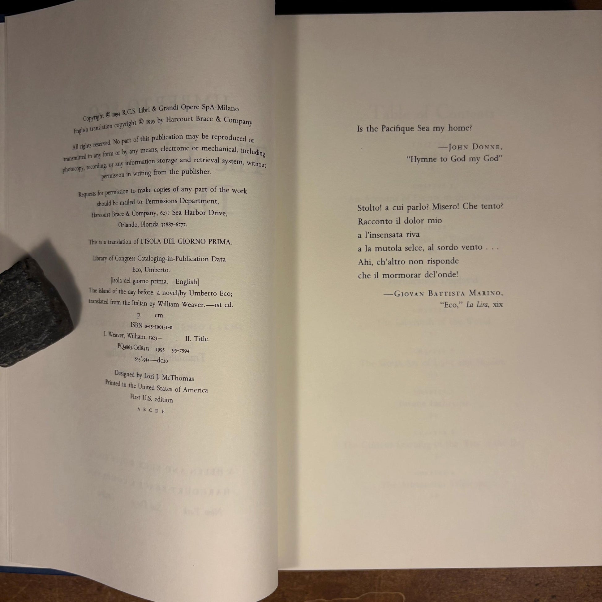 First US Printing - The Island of the Day Belore / Umberto Eco (1995) Vintage Hardcover Book