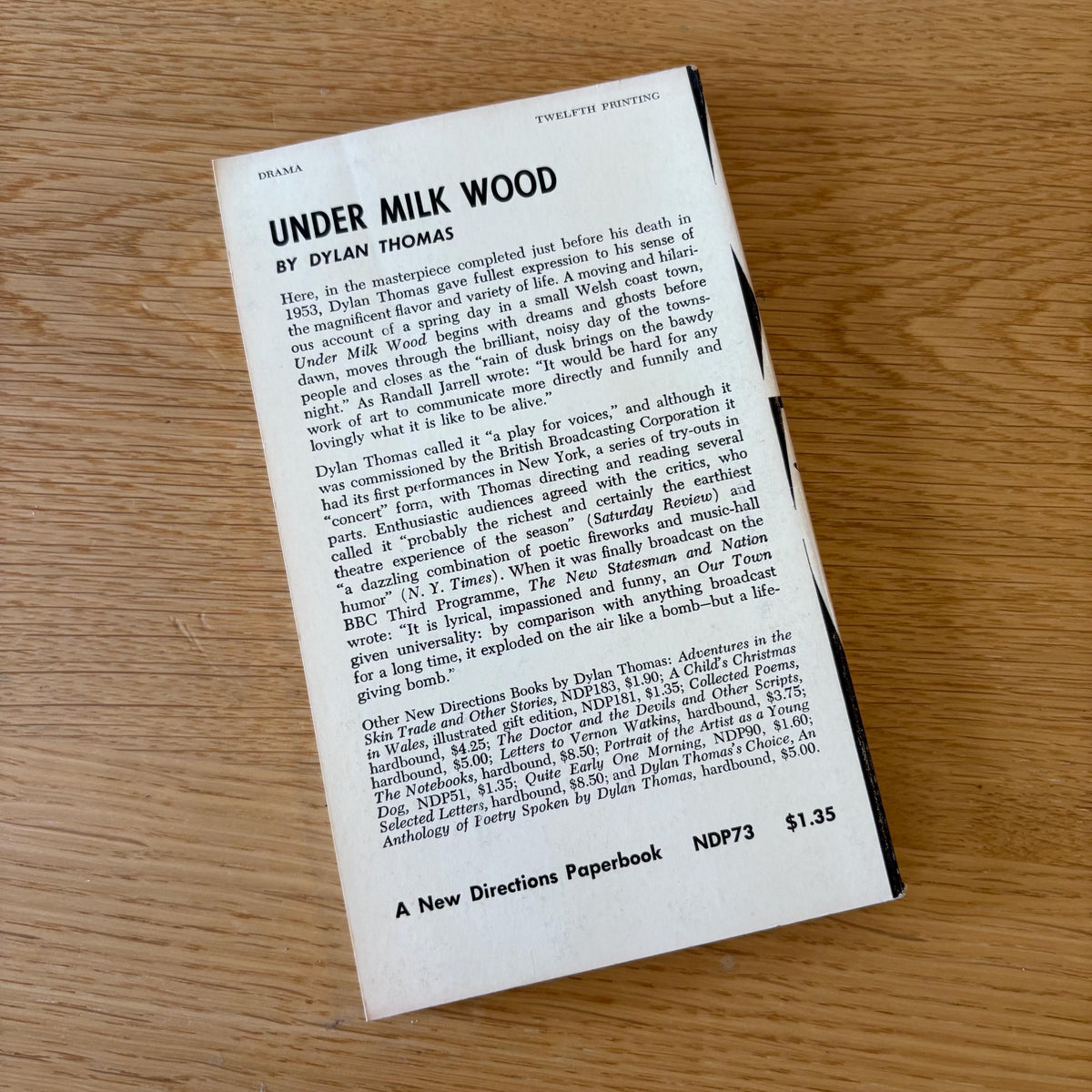 Under Milk Wood / Dylan Thomas (1954) Vintage Paperback Book