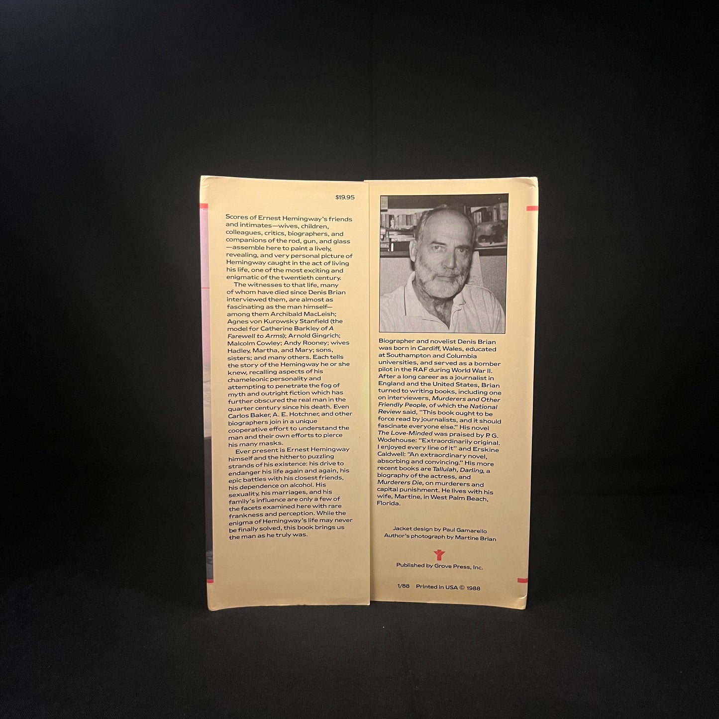 First Printing - The True Gen: An Intimate Portrait of Hemingway by Those Who Knew Him by Denis Brian (1988) Vintage Hardcover Book