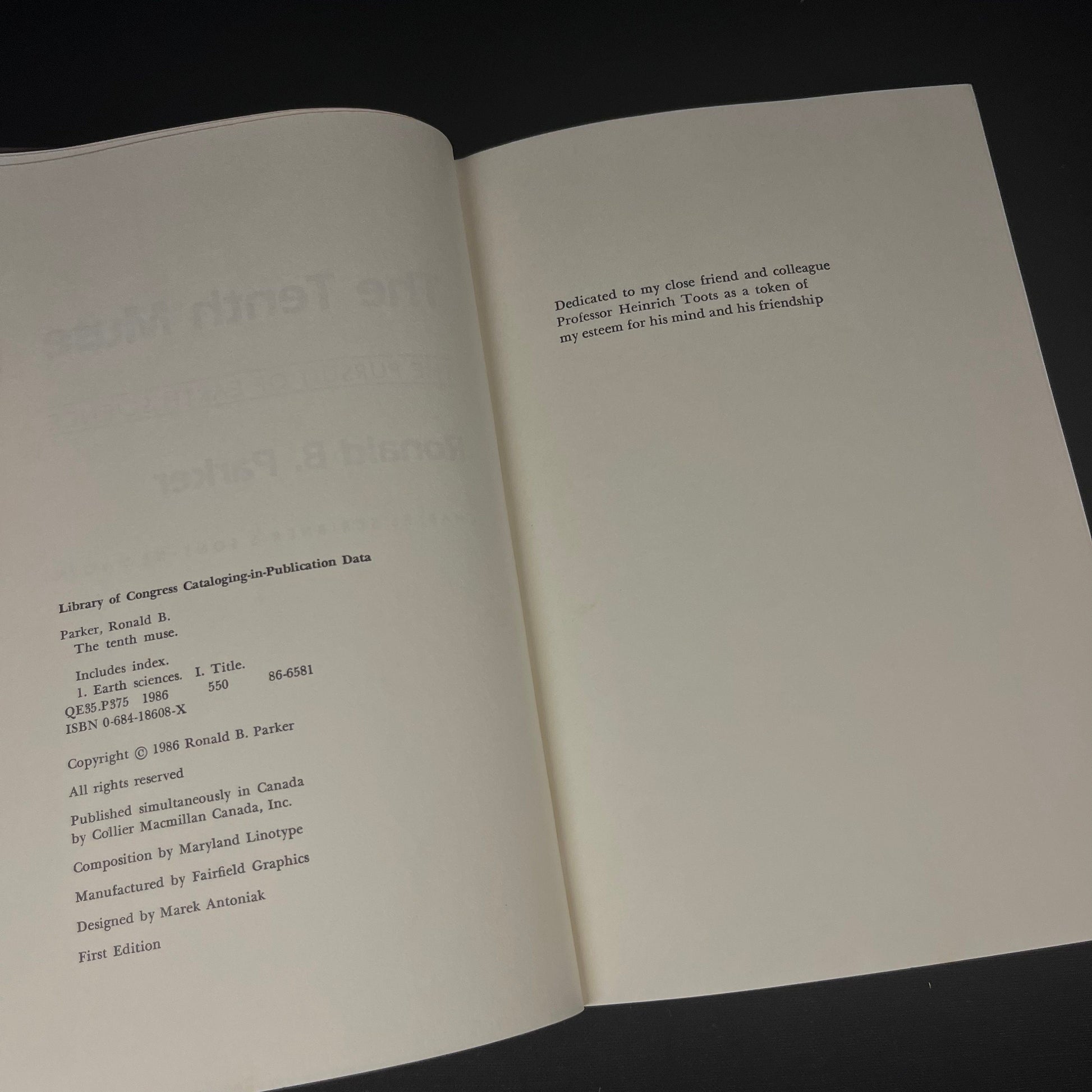 First Edition - The Tenth Muse: The Pursuit of Earth Science by Ronald Parker (1986) Vintage Hardcover Book