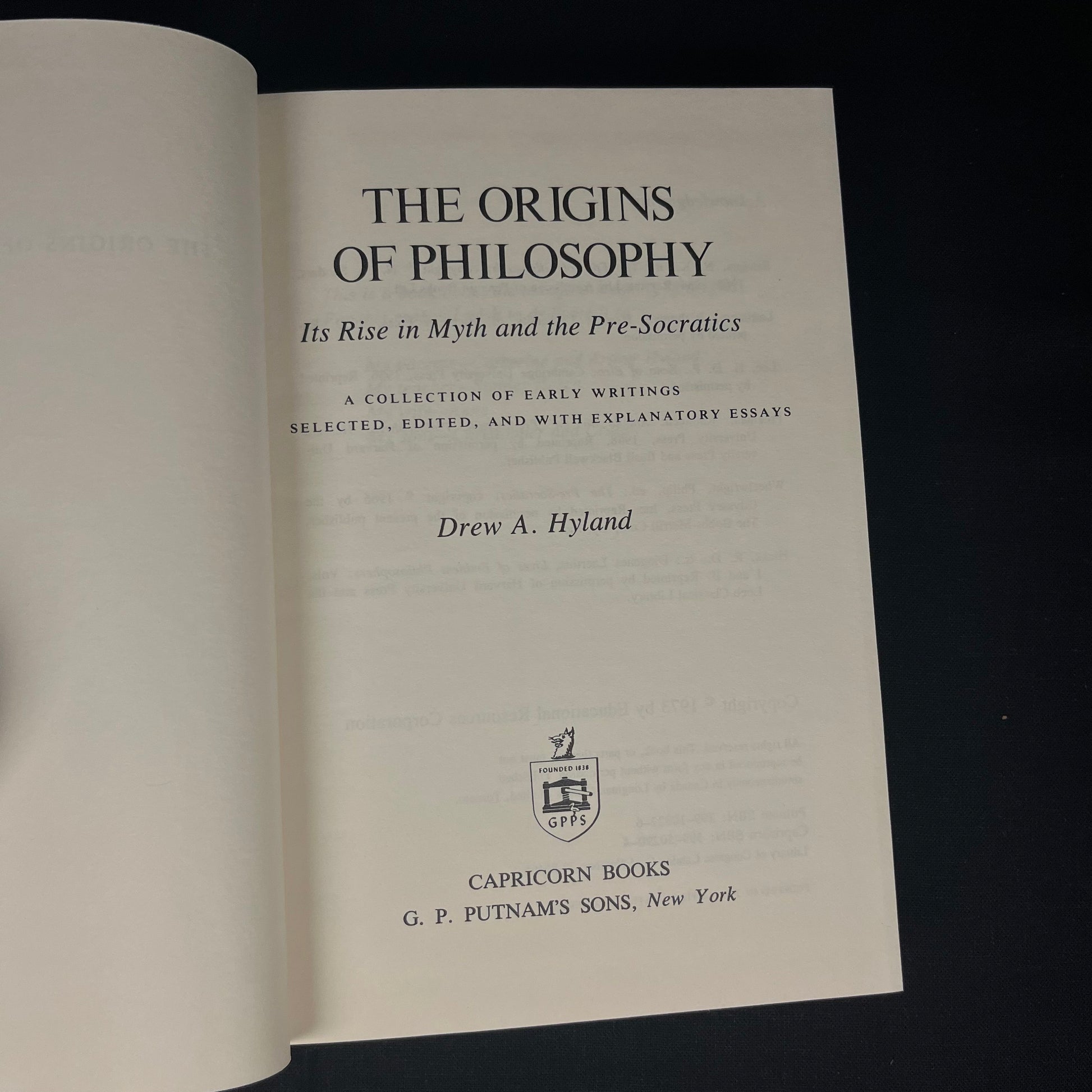The Origins of Philosophy: The Rise in Myth and the Pre-Socratics by Drew Hyland (1973) Vintage Hardcover Book