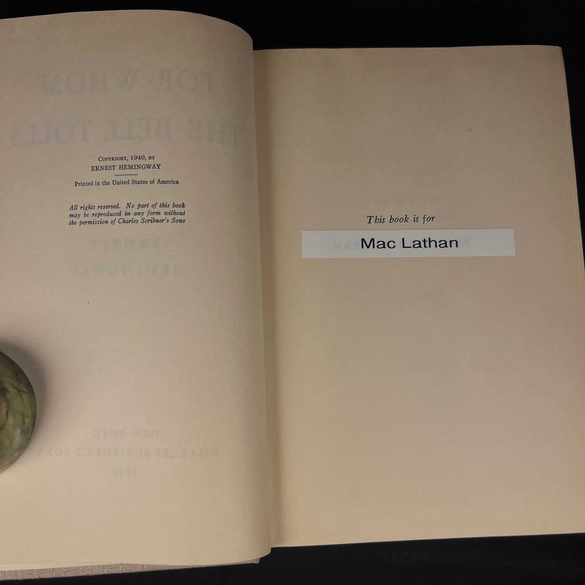 Early Printing - For Whom the Bell Tolls by Ernest Hemingway (1940) Vintage Hardcover Book