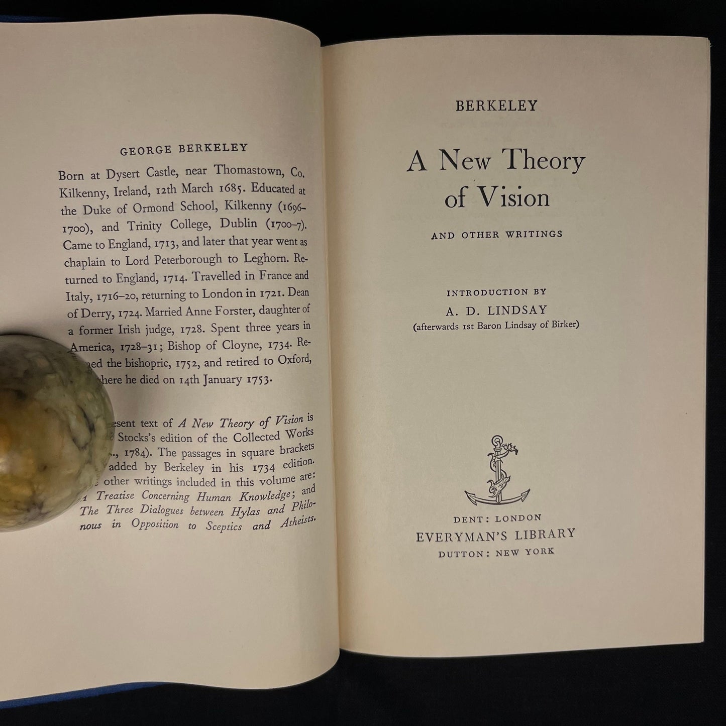 Everyman’s Library - A New Theory of Vision and Other Writings by George Berkeley (1963) Vintage Hardcover Book