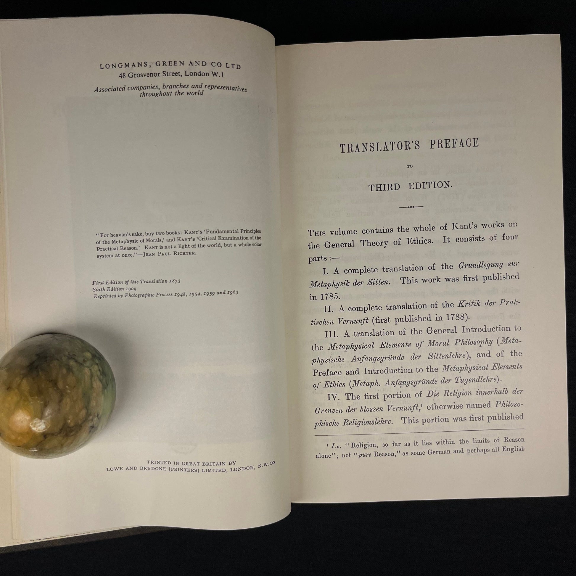 Critique of Practical Reason and Other Works on The Theory of Ethics by Immanuel Kant Translated by Thomas K. Abbott (1963) Vintage Book