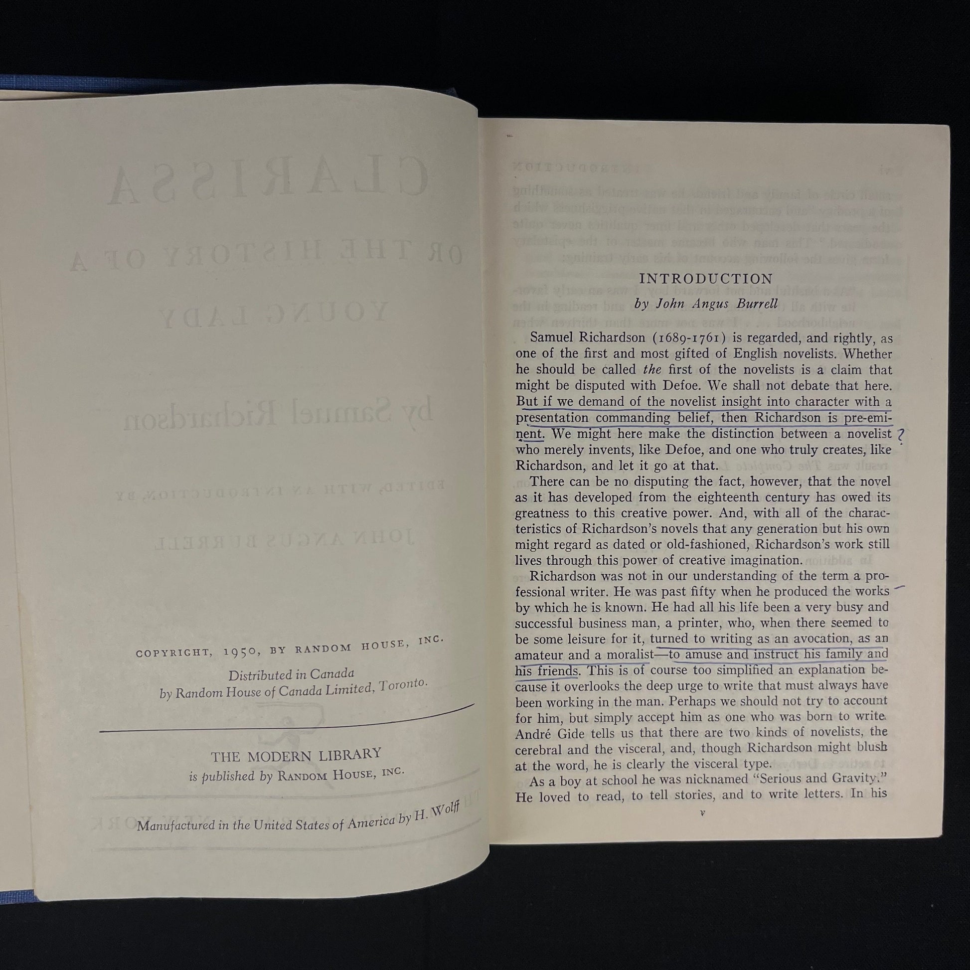 Modern Library - Clarissa or The History of a Young Lady by Samuel Richardson (1967) Vintage Hardcover Book