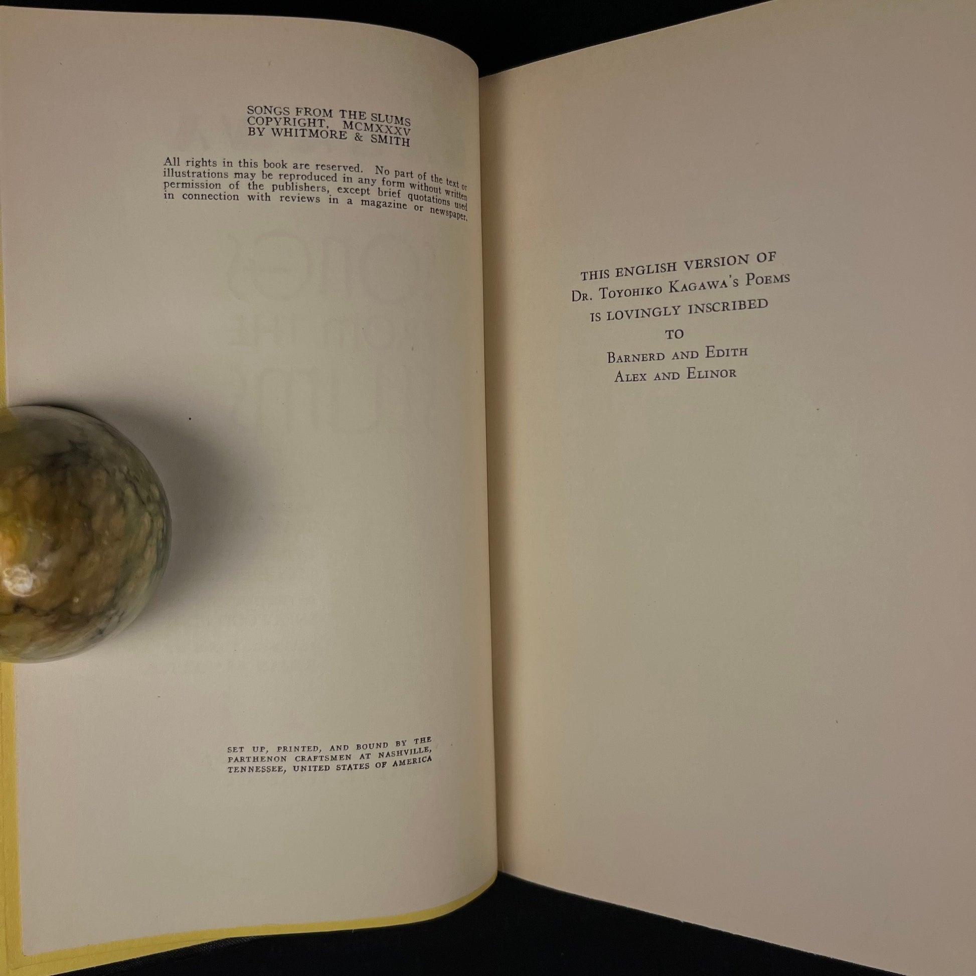 Author Signed - Songs from the Slums by Toyohiko Kagawa (1935) Vintage Hardcover Book