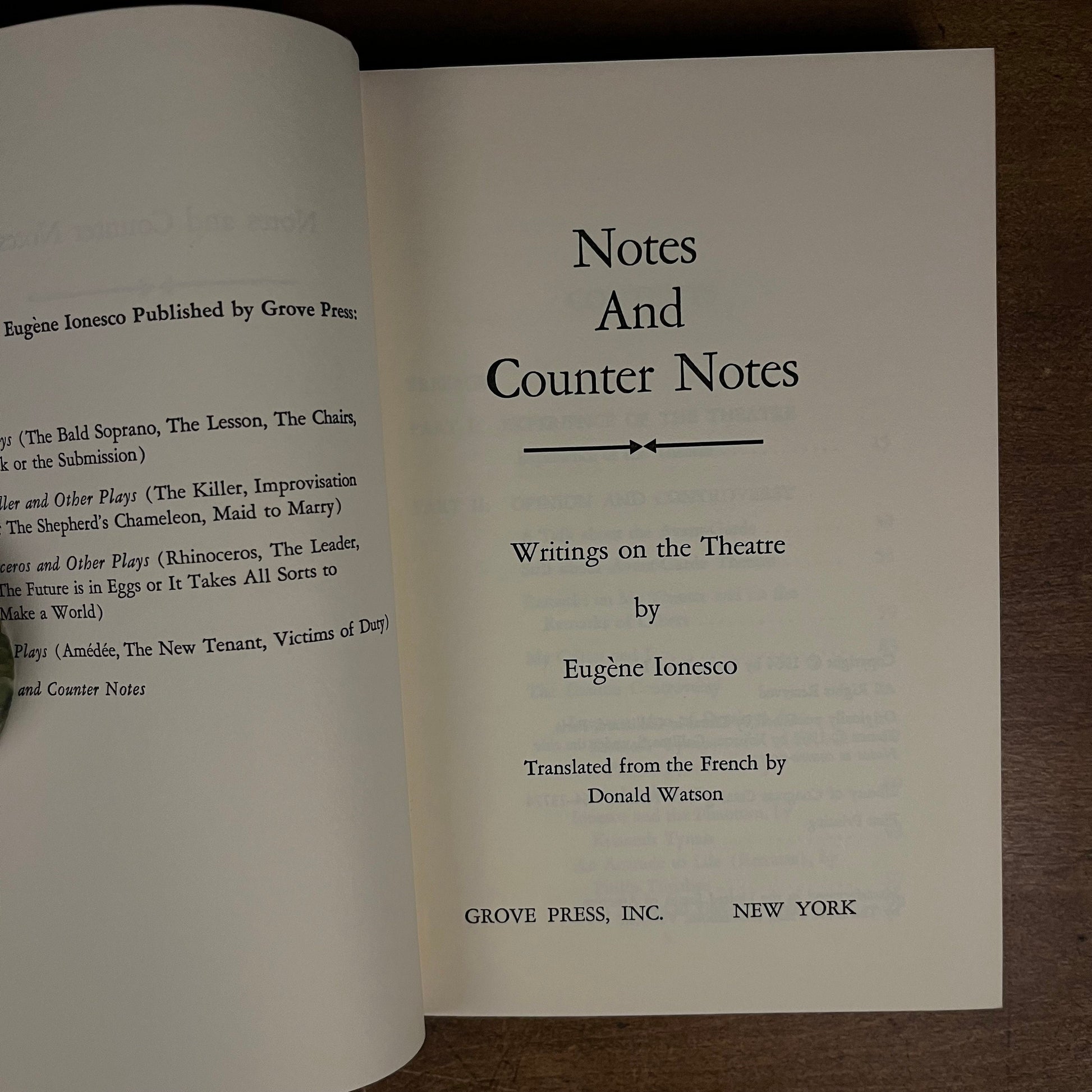 First Printing - Notes and Counter Notes: Writings on the Theatre by Eugène Ionesco (1964) Vintage Hardcover Book