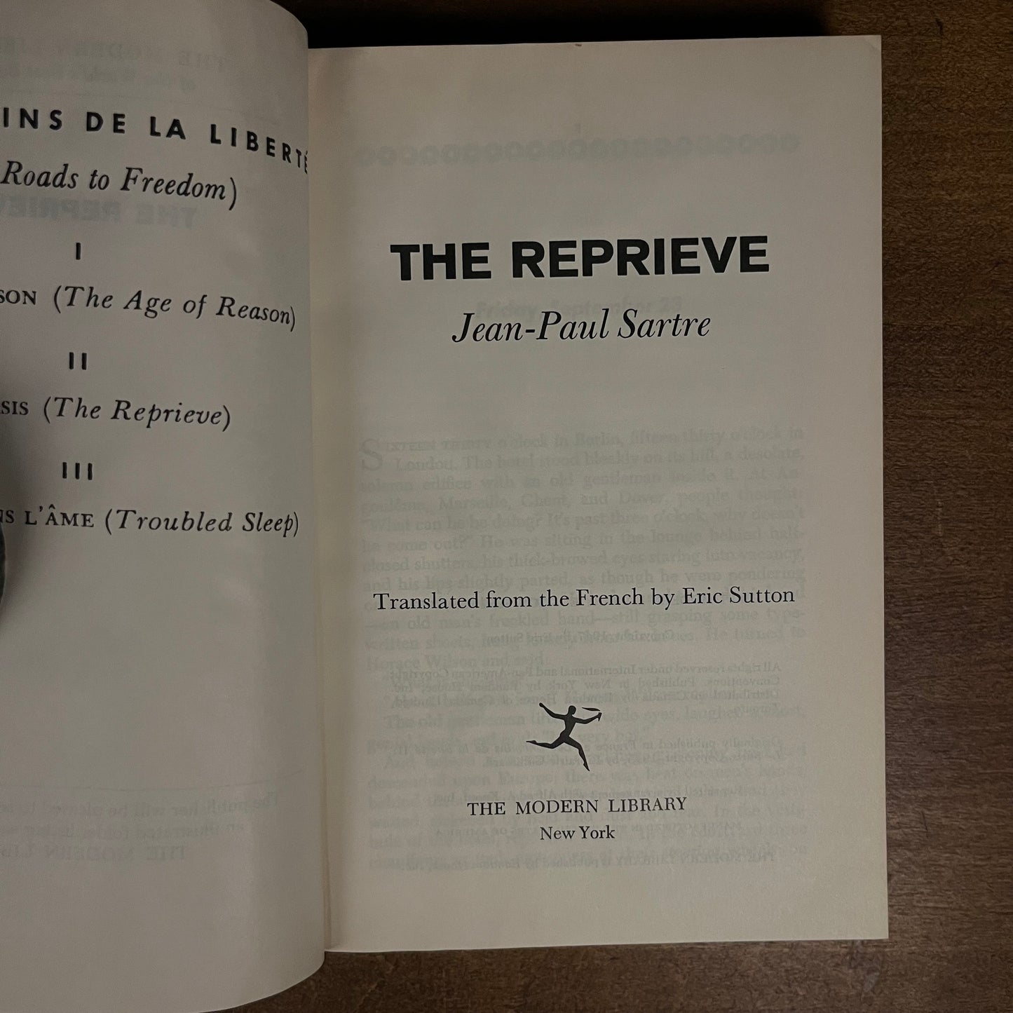 First Modern Library Edition - The Reprieve by Jean-Paul Sartre (1967) Vintage Hardcover Book