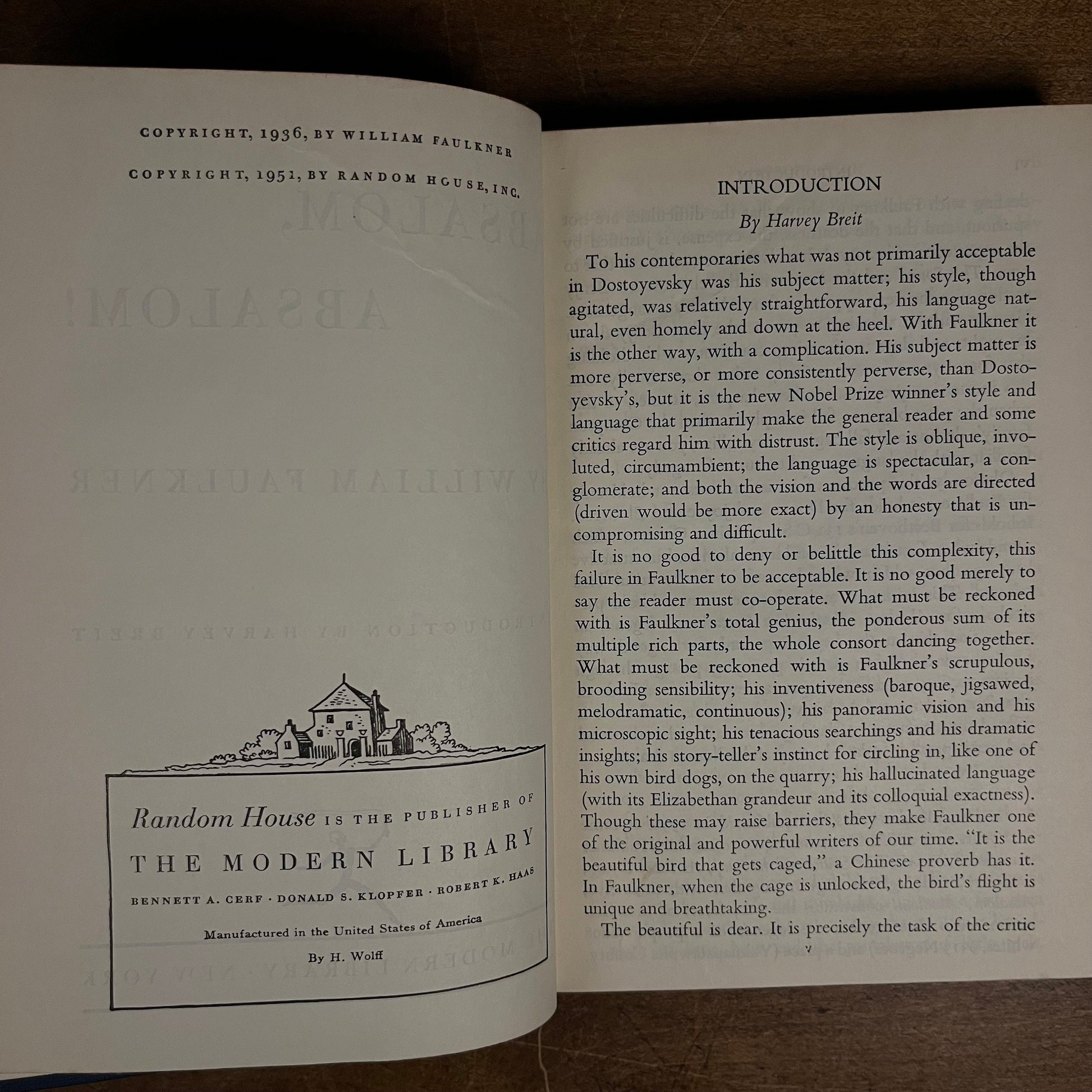 Modern Library - Absalom, Absalom! by William Faulkner (1951) Vintage Hardcover Book