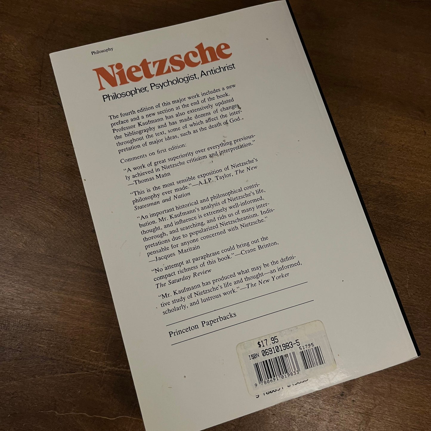 Nietzsche: Philosopher, Psychologist, Antichrist by Walter Kaufmann (1974) Vintage Paperback Book