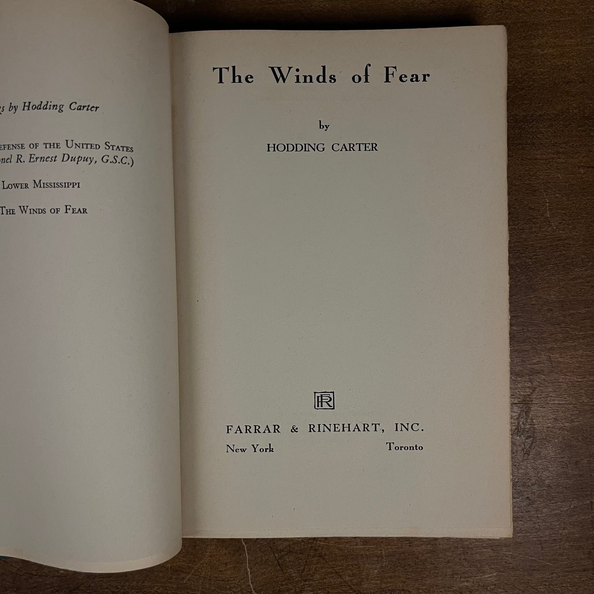 Early Printing - The Winds of Fear by Hodding Carter (1944) Vintage Hardcover Book