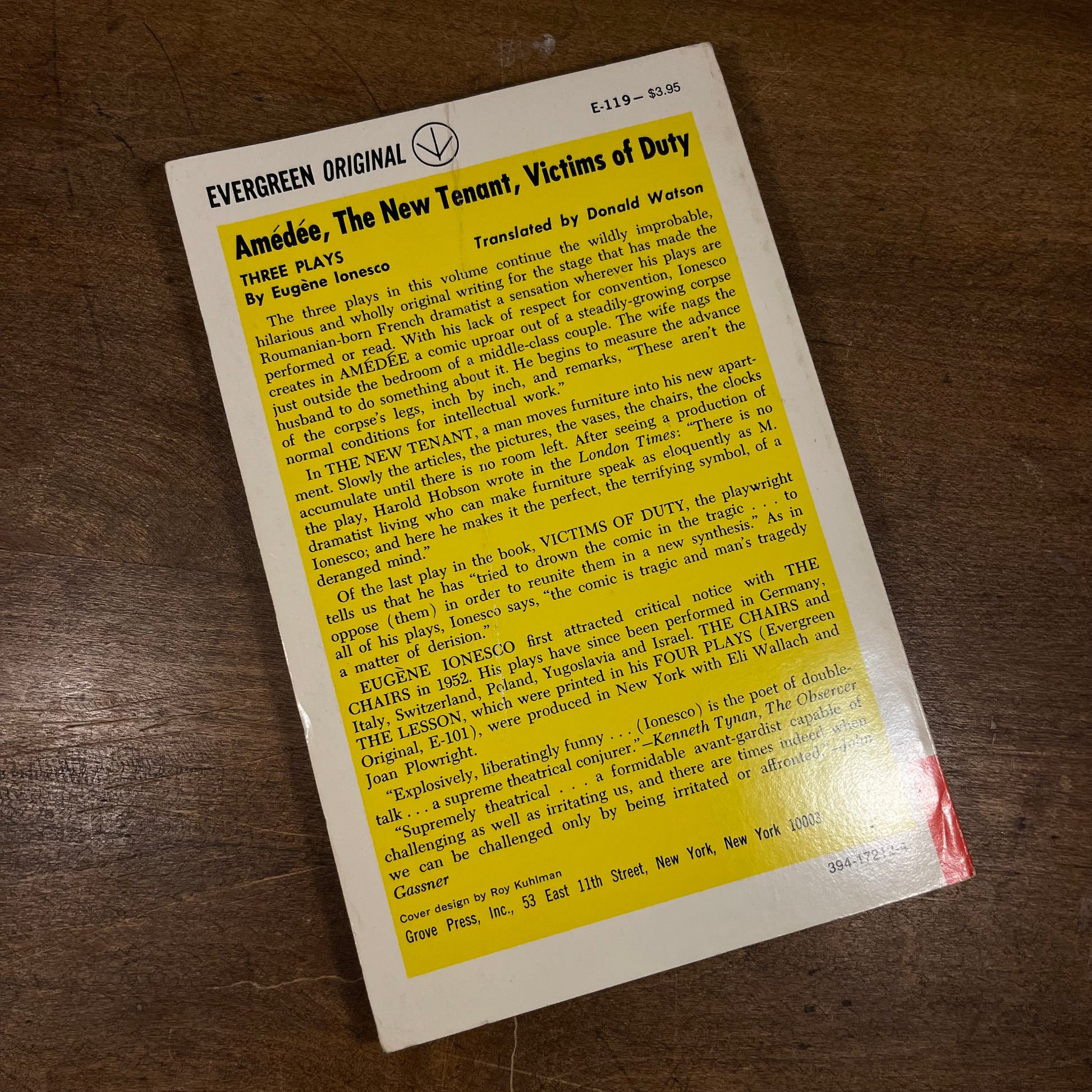 Three Plays: Amédée, The New Tenant, and Victims of Duty by Eugène Ionesco (1958) Vintage Paperback Book